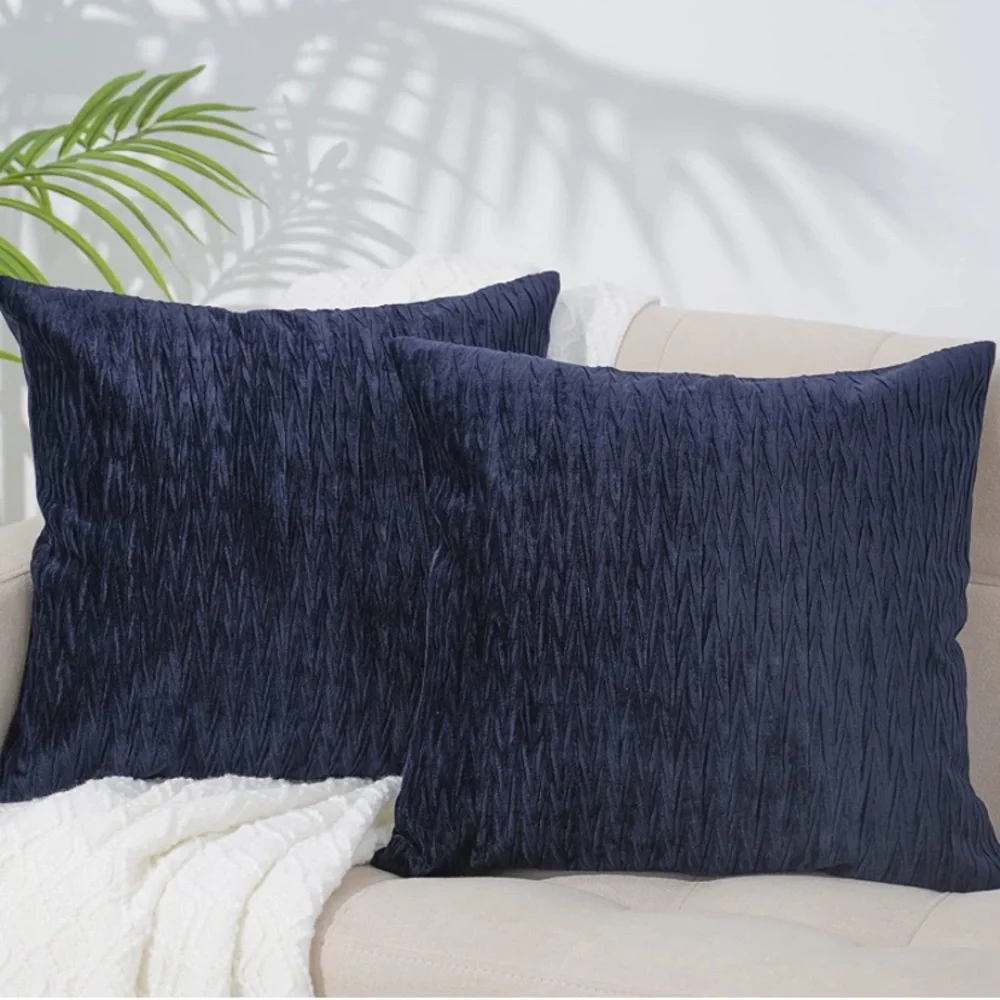 Luxury Home | Elegant Navy Blue Textured Wave Soft Velvet Throw Pillow Covers
